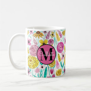 Zomer Roze Gele Bloemen Waterverf Monogram Koffiemok