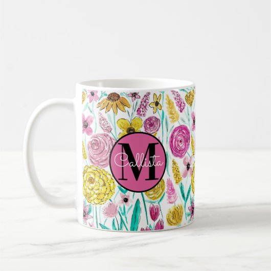 Zomer Roze Gele Bloemen Waterverf Monogram Koffiemok (Links)