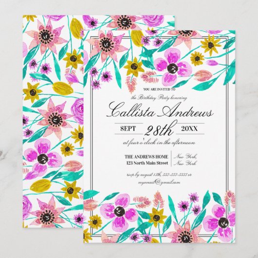 Zomer Roze Gele Bloemen Waterverf Verjaardag Kaart (Voorkant / Achterkant)