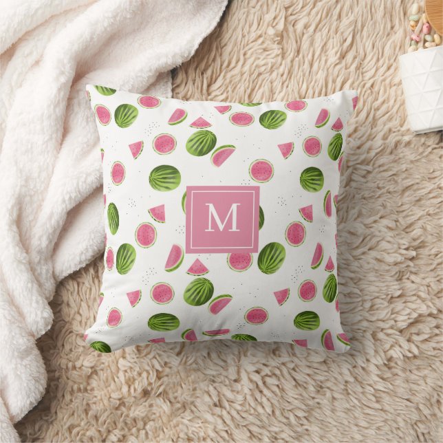 Zomer Roze & Groene Watermeloen Monogram Initialen Kussen (Deken)