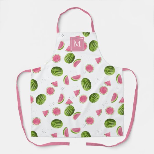 Zomer Roze & Groene Watermeloen Monogram Initialen Schort (Voorkant)