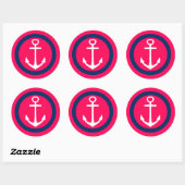 Zomer Roze Marine Blauw en Wit Anker Ronde Sticker (Vel)