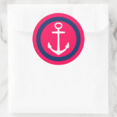 Zomer Roze Marine Blauw en Wit Anker Ronde Sticker (Tas)