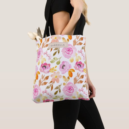 Zomer Roze Meisjesachtig Waterverf Bloemmotief Tote Bag (Dichtbij)