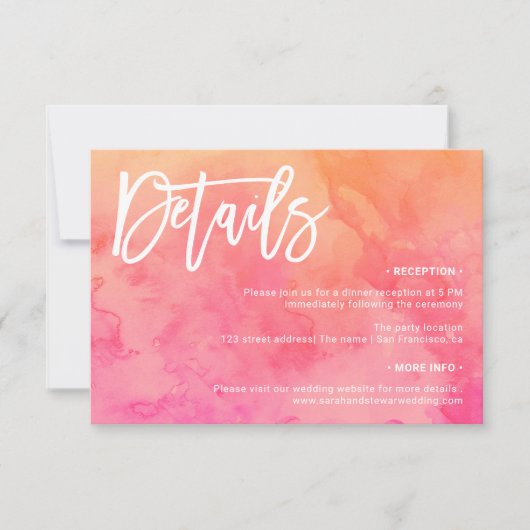 Zomer roze sinaasappel Waterverf Trouwdetails Kaart (Voorkant)