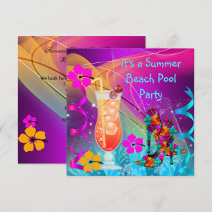 Zomer Roze Teal Strand Zwembad Cocktail Feest 3 Kaart