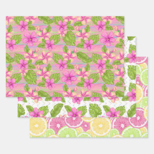 Zomer Roze Tropische Bloemen Citroenen Limes Inpakpapier Vel