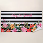 Zomer Roze Waterverf Bloemen en Naam Strandlaken (Voorkant)