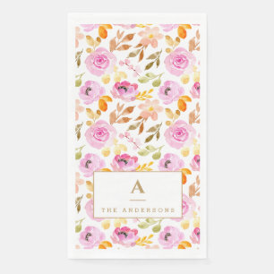 Zomer Roze Waterverf Bloemige Familie Monogram Servet