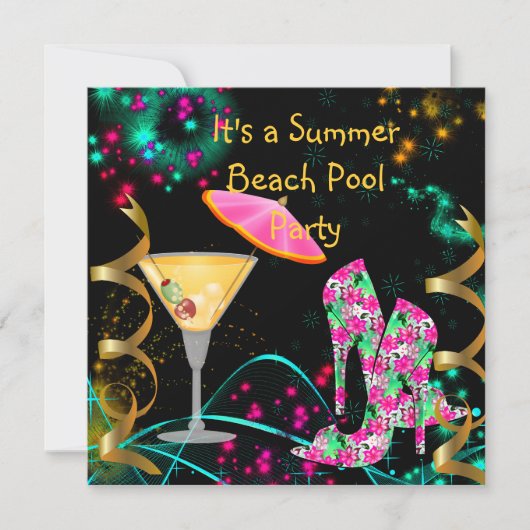 Zomer Roze Zwarte Strand Zwembad Feest Kaart (Voorkant)