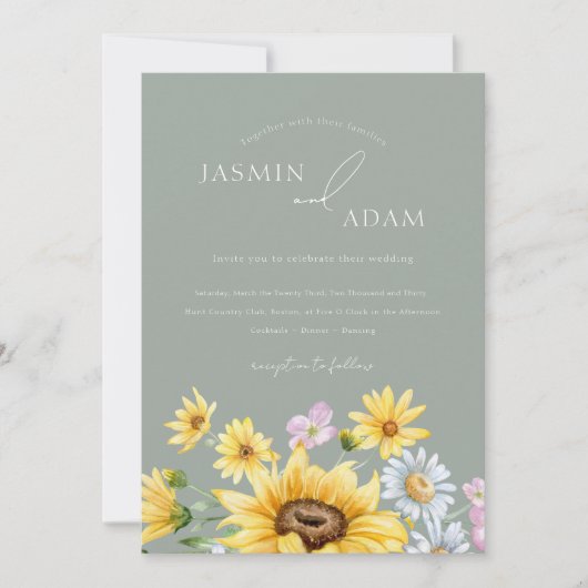 Zomer Salie Groene Zonnebloemen Monogram Bruiloft Kaart (Voorkant)