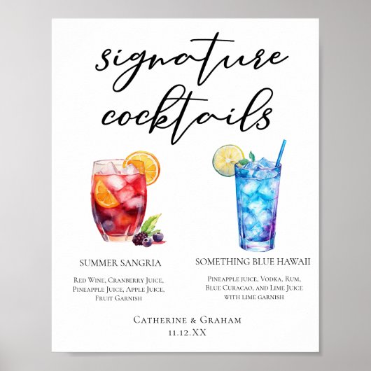Zomer Sangria Blue Beach Signature Cocktails Menu Poster (Voorkant)