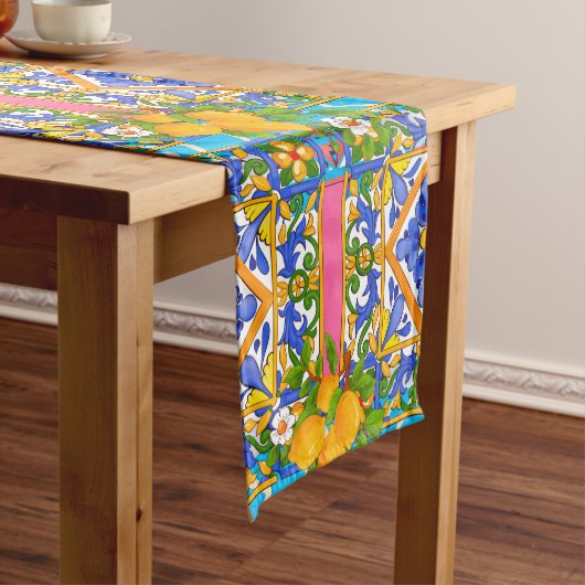 Zomer, Siciliaanse tegels, citrusvruchten, citroen Korte Tafelloper (Voorbeeld)