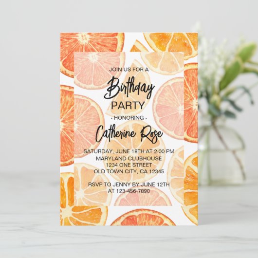 Zomer Sinaasappel Citrus Slice Verjaardagsfeestje Kaart (Staand voorkant)