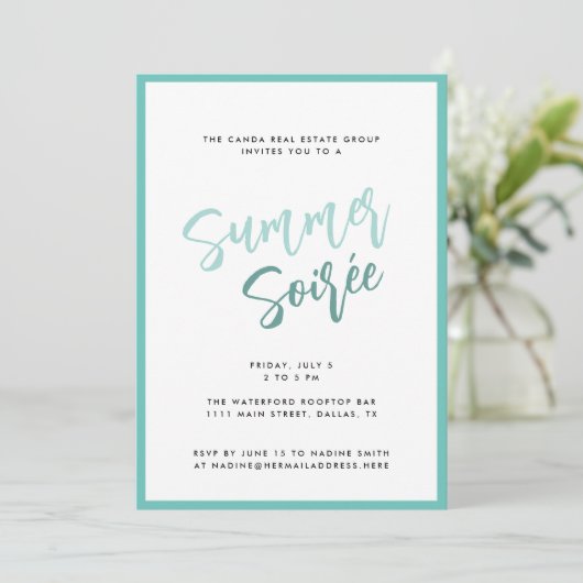 Zomer Soiree Modern Script Corporate Summer Party Kaart (Staand voorkant)