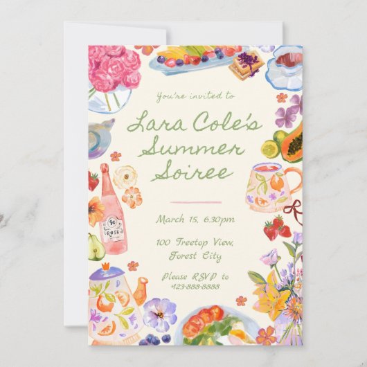 Zomer Soiree Uitnodiging Handgetekend Eten Drank T (Voorkant)