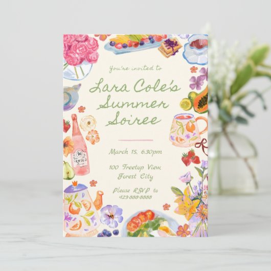 Zomer Soiree Uitnodiging Handgetekend Eten Drank T (Staand voorkant)