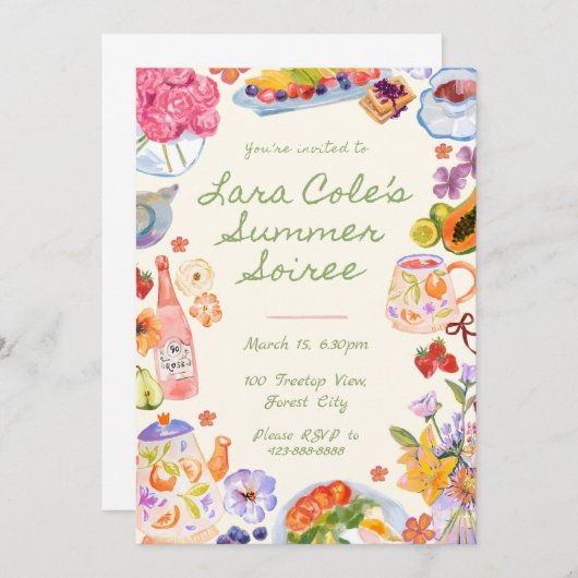 Zomer Soiree Uitnodiging Handgetekend Eten Drank T (Voorkant / Achterkant)