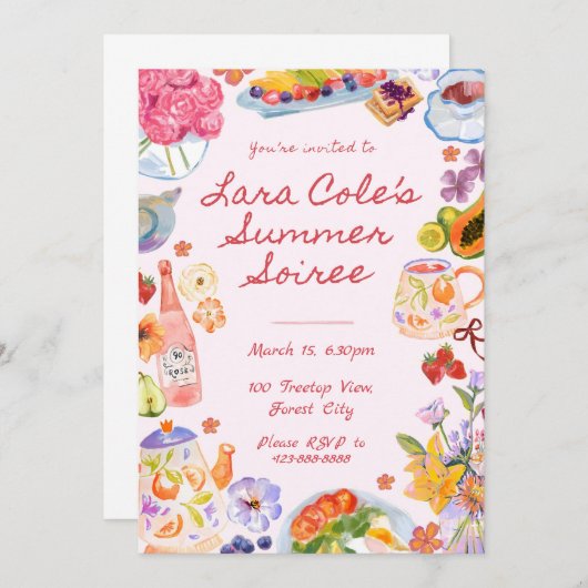 Zomer Soiree Uitnodiging Handgetekend Eten Drank T (Voorkant / Achterkant)