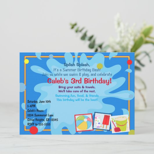 Zomer Splash Pool Party Verjaardag Uitnodigingen (Staand voorkant)