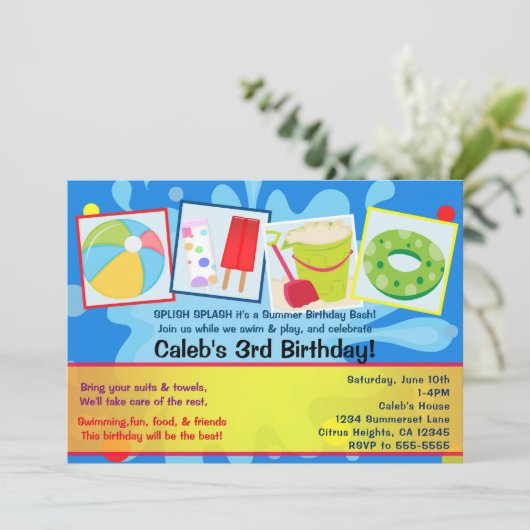Zomer Splash Pool Party Verjaardag Uitnodigingen (Staand voorkant)