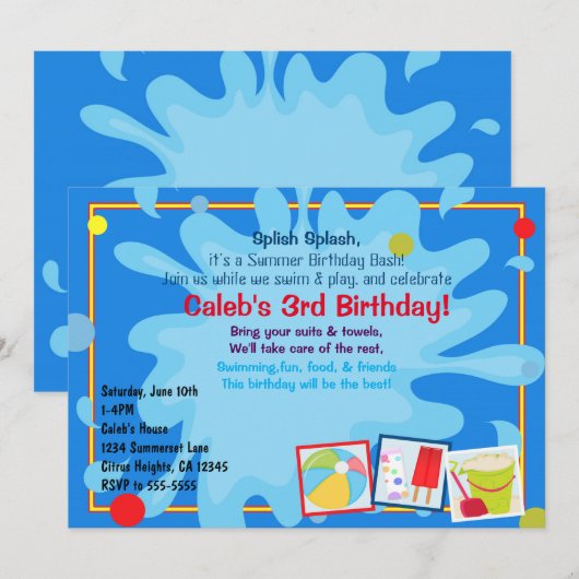 Zomer Splash Zwembad Feest Verjaardagsuitnodiginge Kaart (Voorkant / Achterkant)