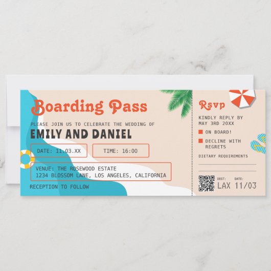 Zomer Strand Bestemming Boarding Pass Bruiloft Kaart (Voorkant)