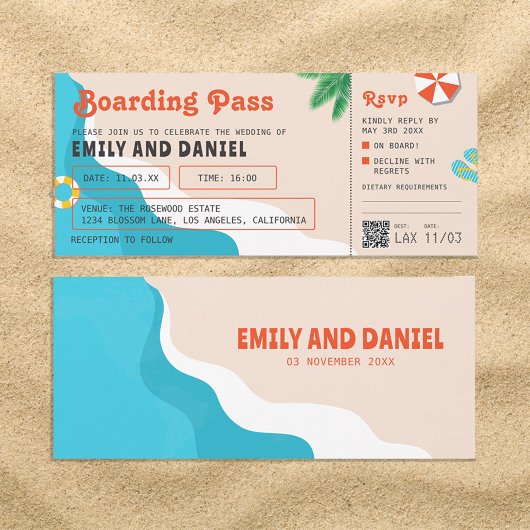 Zomer Strand Bestemming Boarding Pass Bruiloft Kaart