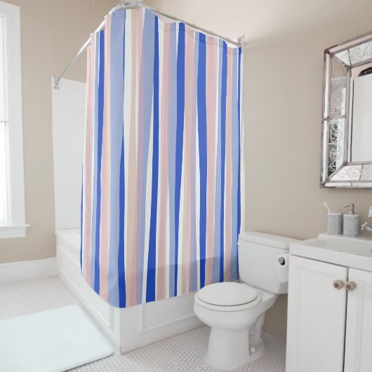 Zomer strand blauw roze beige strepen douchegordijn (In situ)