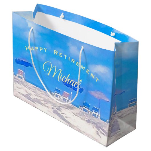 Zomer Strand Blauw Wit Gelukkig Pensioen Groot Cadeauzakje (Achterkant Gekanteld)