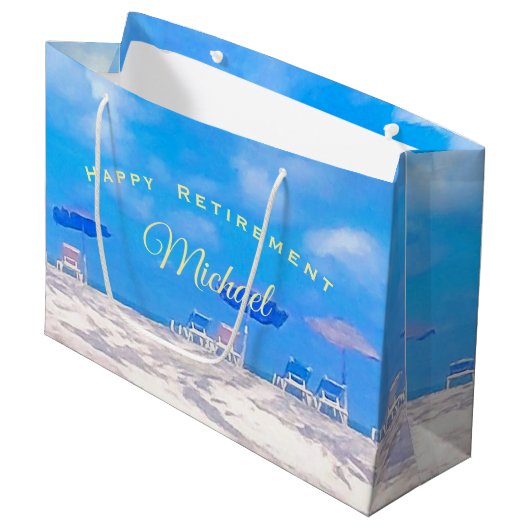 Zomer Strand Blauw Wit Gelukkig Pensioen Groot Cadeauzakje (Voorkant Gekanteld)