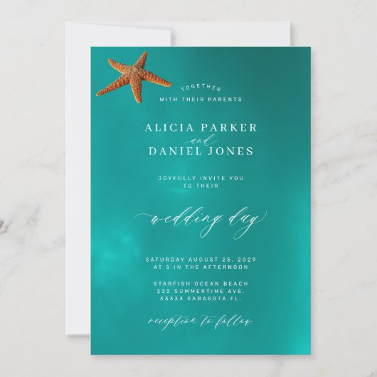 Zomer strand blauwe oceaan bestemming bruiloft kaart (Voorkant)