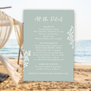Zomer strand bruiloft gast details sage informatiekaartje