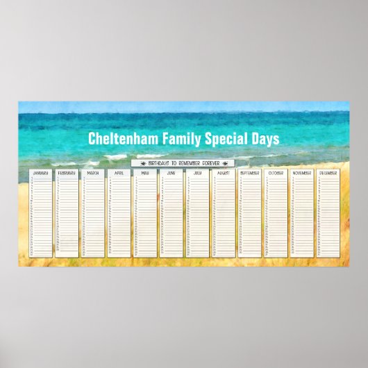 Zomer Strand Eeuwigdurende Verjaardagskalender Poster (Voorkant)