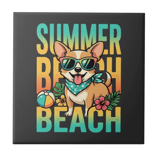 Zomer strand hond vakantie vector tegeltje (Voorkant)