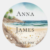 Zomer Strand Oceaan Tropische Bestemming Bruiloft Ronde Sticker (Voorkant)