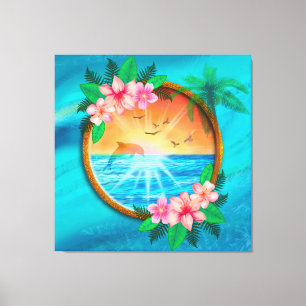 Zomer strand Oceaan vogels vliegen in de lucht en Canvas Afdruk
