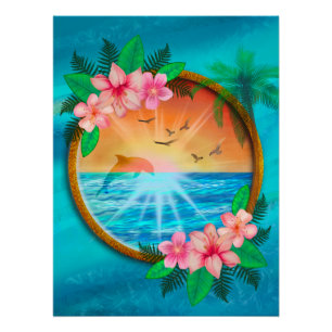 Zomer strand Oceaan vogels vliegen in de lucht en Perfect Poster