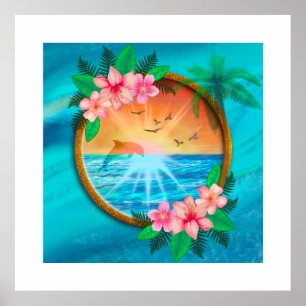 Zomer strand Oceaan vogels vliegen in de lucht en Poster