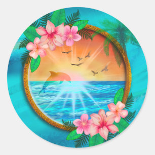 Zomer strand Oceaan vogels vliegen in de lucht en  Ronde Sticker