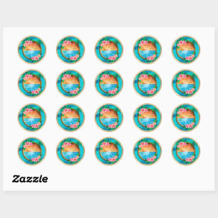 Zomer strand Oceaan vogels vliegen in de lucht en  Ronde Sticker