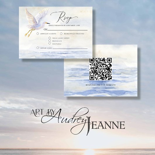 Zomer Strand Oceaan Waterverf Vogel QR code Bruilo RSVP Kaartje