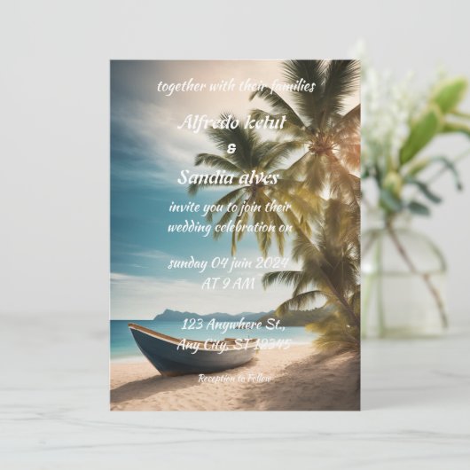 Zomer strand palmboom tropische bruiloft kaart (Staand voorkant)