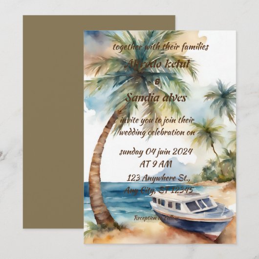 Zomer strand palmboom tropische waterverf bruiloft kaart (Voorkant / Achterkant)