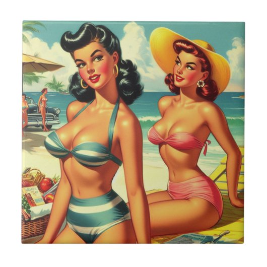  Zomer Strand Pin Ups Tegeltje (Voorkant)