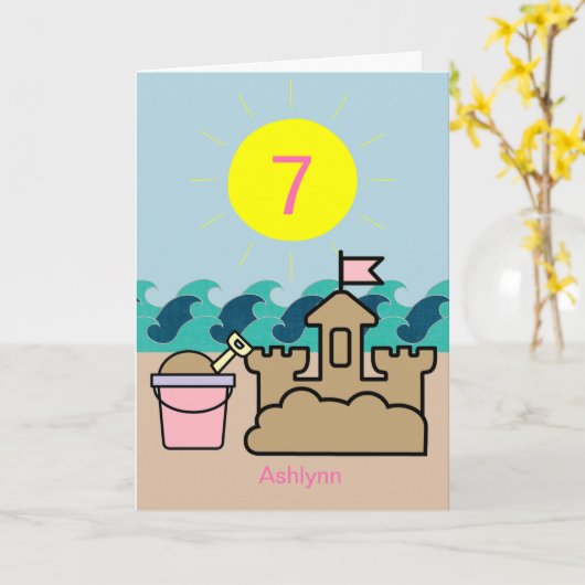 Zomer Strand Roze Emmer Zandkasteel 7e Verjaardag Kaart (Gele Bloem)