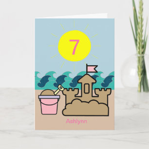 Zomer Strand Roze Emmer Zandkasteel 7e Verjaardag Kaart