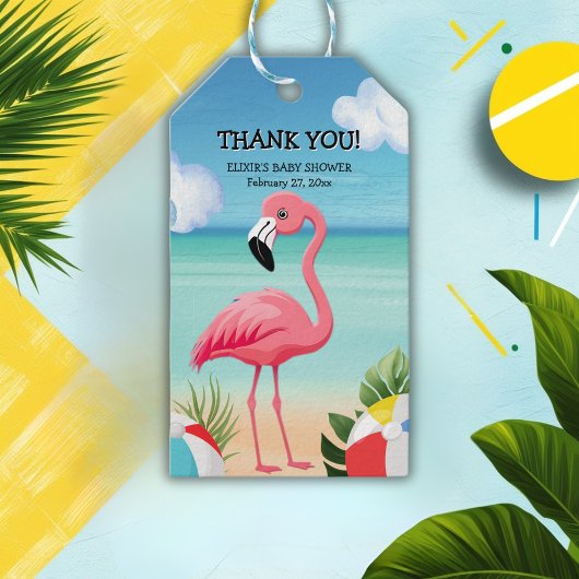 Zomer Strand Roze Flamingo Baby shower Cadeaulabel