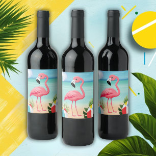 Zomer Strand Roze Flamingo Baby shower Wijn Etiket