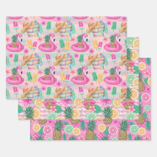 Zomer Strand Roze Flamingo's Ananassen Citroenen Inpakpapier Vel